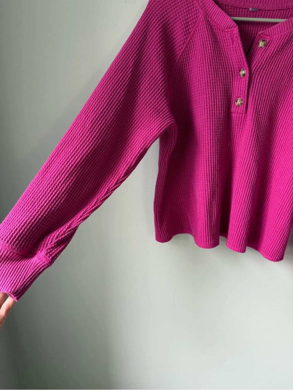 Old Navy Waffle Knit Henley Long Sleeve Top Bright Fuchsia Pink Comfy Size L - Picture 3 of 7